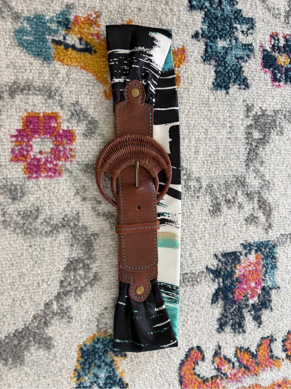 Anthropologie Fluidity Brown Leather and Abstract Fabric Blue Patterned Belt